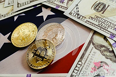 Bitcoins and american dollar bills with US flag background, copy space Stock Photo