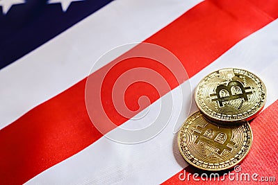 Bitcoins and american dollar bills with US flag background, copy space Stock Photo