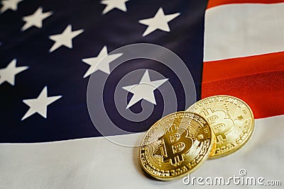 Bitcoins and american dollar bills with US flag background, copy space Stock Photo