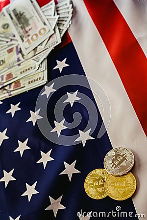 Bitcoins and american dollar bills with US flag background, copy space Stock Photo