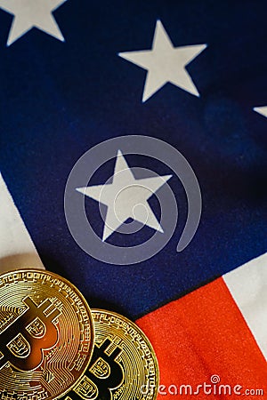 Bitcoins and american dollar bills with US flag background, copy space Stock Photo