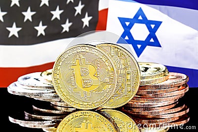 Bitcoins on american and Israeli flag background Stock Photo