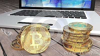 Bitcoins closeup, stack of golden coins, laptop and blue screen Cartoon Illustration