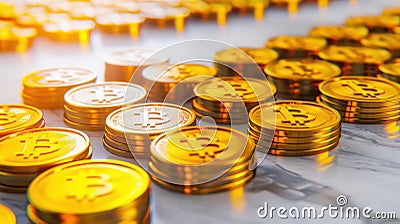 Bitcoins coins stacks. Gold cryptocurrency Bitcoin coins on a light marble surface. Photorealistic 3d illustration Cartoon Illustration