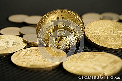 Bitcoins concept save money. coins on black backgroundâ€‹ Stock Photo