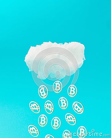 Bitcoins falling from the cloud on blue background. Mining or blockchain technology for cryptocurrency concept. Advertisement idea Cartoon Illustration