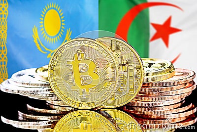 Bitcoins on Kazakhstan and Algeria flag background Editorial Stock Photo