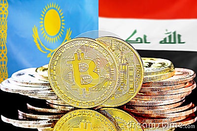 Bitcoins on Kazakhstan and Iraq flag background Editorial Stock Photo