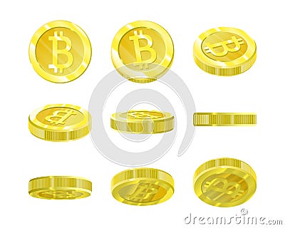 Bitcoins, gold 3d coin from different angles for animation of isolation. Crypt currency of the future, mining Vector Illustration