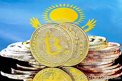 Bitcoins on Kazakhstan flag background Editorial Stock Photo