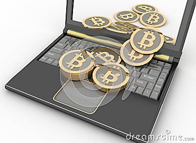 Bitcoins with laptop computer Cartoon Illustration