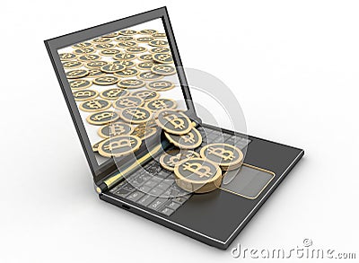 Bitcoins with laptop computer. 3d illustration Cartoon Illustration