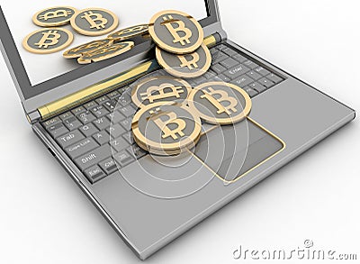 Bitcoins on laptop Stock Photo