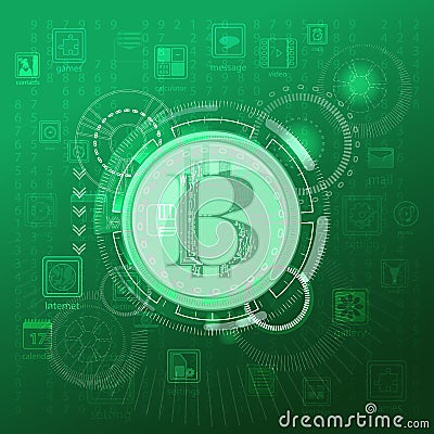 Bitcoins. laptop on a green background Cartoon Illustration