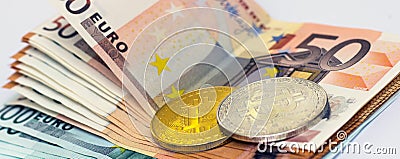 Bitcoins is a monetary denominations of 100 and 50 euros. Stock Photo