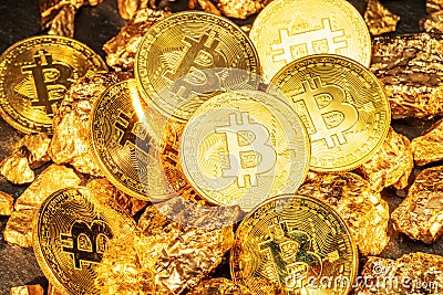 Bitcoins and pieces of gold closeup. Bitcoin against gold, what is the more attractive asset Stock Photo