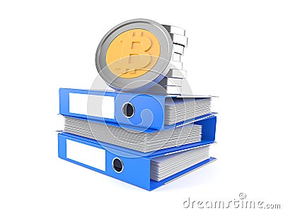 Bitcoins on stack of ring binders Cartoon Illustration