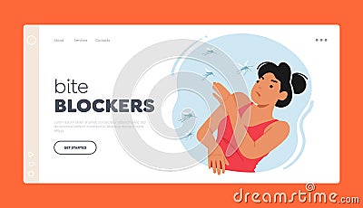 Bite Blockers Landing Page Template. Mosquito Bite Woman Experiences Itching, Swelling, And Redness On Her Skin Vector Illustration