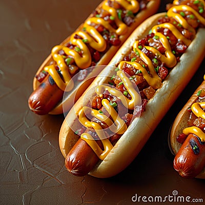 Bite into flavor American hot dog, sauce, meat on bread Stock Photo