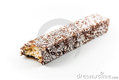 Bite marks in wafer chocolate bar isolated white background Stock Photo