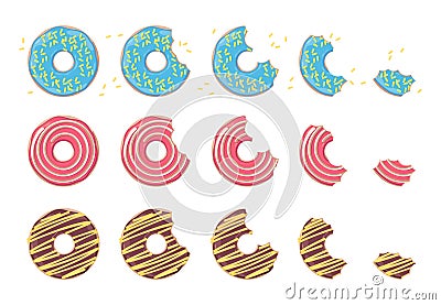 Bited donut. Cartoon round sweet dough baked with cream and icing, flat fried pastry with chocolate caramel and Vector Illustration