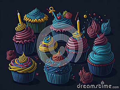 Bithday cupcake colorful bakery dessert on black background. ai generative Stock Photo