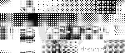 Bitmap grunge striped pattern. Glitched pixelated halftone texture. Dithered noise stripe overlay. Dotted gradient Vector Illustration