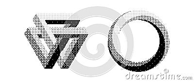 Bitmap impossible shapes set. Dither halftone geometric objects collection. Black textured triangle, circle, square Vector Illustration