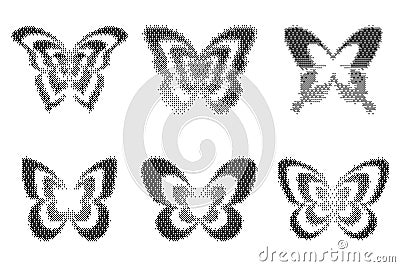 Bitmap pattern abstract butterfly shapes. Halftone gradient elements on white background. Y2k graphic abstract icons Vector Illustration