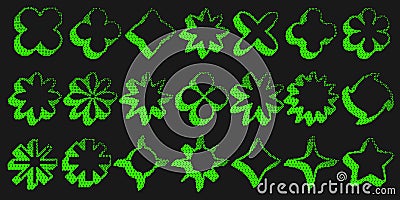 Bitmap pattern star shapes. Flowers halftone gradient elements on dark background. Y2k graphic abstract icons. Dither Vector Illustration