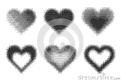 Bitmap pixel arcade game effect. Hearts y2k halftone pattern shape. Vector dither aesthetic gradient glow icons. 2000s Vector Illustration