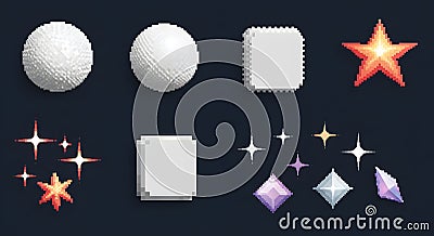 Bitmap pixelated shape icon set. Dither halftone geometric object collection. Elements for banner Stock Photo