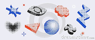 Bitmap pixelated shape set. Dither halftone geometric object collection. White eye, arrow, zigzag, heart, hexagon, star Vector Illustration