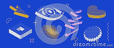 Bitmap pixelated shape set. Dither halftone geometric object collection. White eye, arrow, zigzag, heart, hexagon, star Vector Illustration