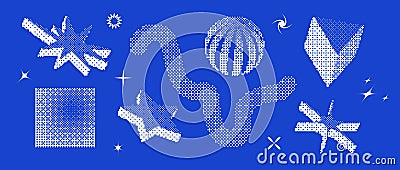 Bitmap pixelated shape set. Dither halftone geometric object collection. White sphere, square, stars, sparkles, prism Vector Illustration