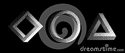Bitmap textured impossible shapes set. Dither halftone geometric objects collection. Black triangle, circle, square Vector Illustration