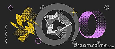 Bitmap textured shape set. Dither halftone objects collection. Colorful cylinder, star, ring, swirl elements for banner Vector Illustration