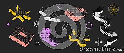 Bitmap textured shapes set. Dither halftone objects collection. Colorful cylinder, arrow, cross, star, wave, elements Vector Illustration