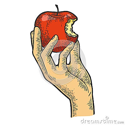 Bitten apple in hand color sketch engraving vector Vector Illustration