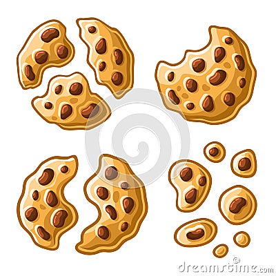Bitten, Broken, Cookie Crumbs Set. Homemade Chocolate Chip Icons. Vector Vector Illustration