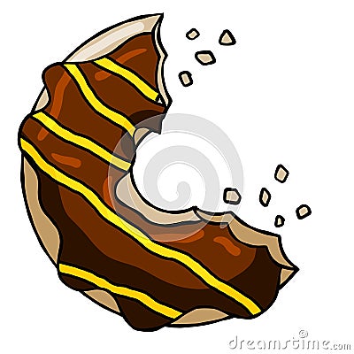 Bitten Donut with chocolate glaze. Sweet sugar dessert with icing. Vector Illustration