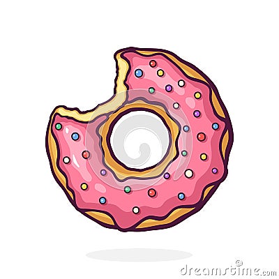 Bitten Donut with Pink Glaze and Colored Powder. Dessert Street Food. Vector Illustration. Hand Drawn Cartoon Clip Art Vector Illustration