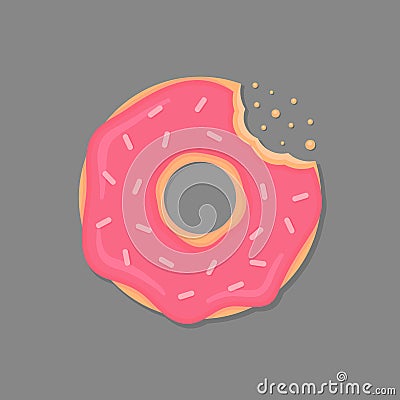 Bitten donut with pink icing and sprinkles. Cartoon doughnut. Vector donut icon. Vector Illustration