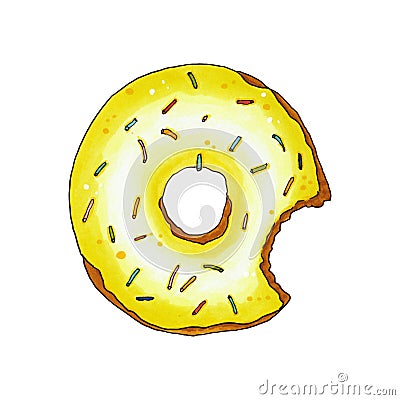 Bitten donut with yellow glaze and sprinkles. Hand drawn marker Cartoon Illustration