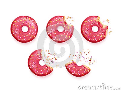Bitten donuts. Realistic eaten donut, delicious biscuit with hole for Hanukkah, bite half doughnut colorful glazed Vector Illustration
