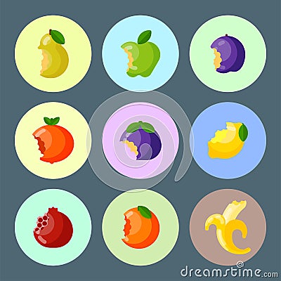 Bitten fruits vector vitamin food and vegetable cut nutrition agriculture bited by tooth fruits stamp delicious snack Vector Illustration