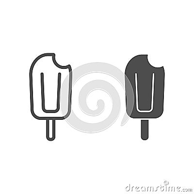Bitten ice cream line and solid icon, summer concept, ice-cream on a stick sign on white background, ice cream on wooden Vector Illustration