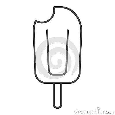 Bitten ice cream thin line icon, summer concept, ice-cream on a stick sign on white background, icecream on wooden stick Vector Illustration