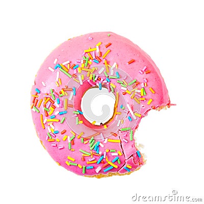 Bitten strawberry donut with colorful sprinkles. Top view. Stock Photo