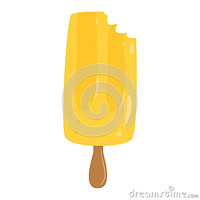 Bitten yellow popsicle on a wooden stick. Melting ice cream on white background vector illustration Cartoon Illustration